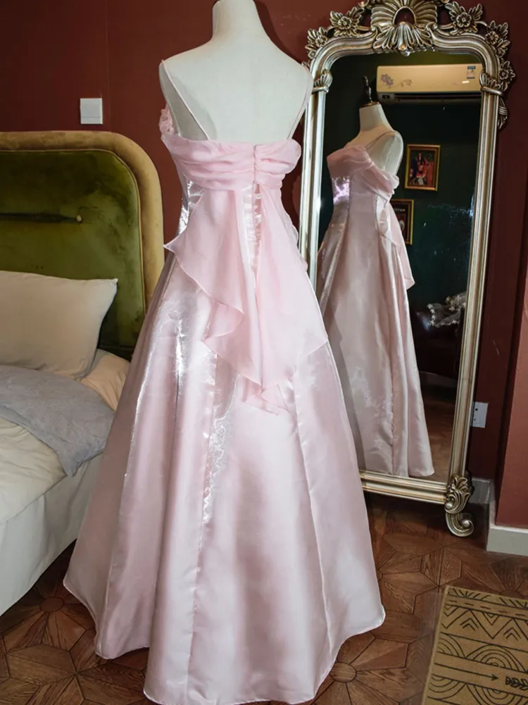 Rosa schimmerndes Satin Spaghettiträger Ballkleid Fee A Linie Prinzessinnenkleid Abendkleid Y7555