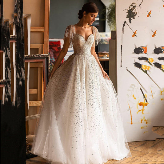 Elegant Glitter Sweetheart Wedding Dresses For Women A-Line Batwing Sleeves Bridal Gown Tulle Backless Robe De Mariée-payinti