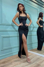 Off The Shoulder Split Front Sleek Black Mermaid Prom Dress with Sequins