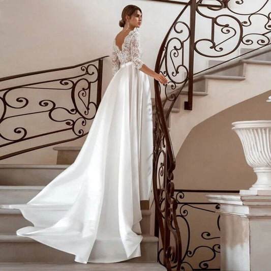 Half Sleeve Satin A-line Wedding Dress Elegant V Neck Bridal Gowns Elegant Bohemian Princess Dress Custome Vestido-payinti