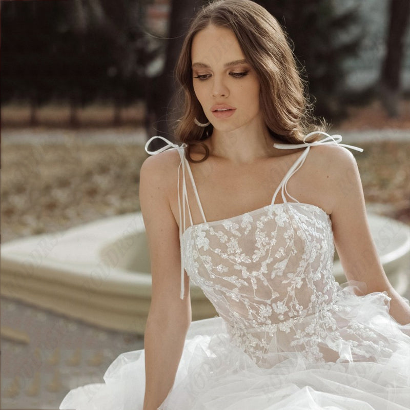 Elegant Spaghetti Straps Wedding Dress Sexy Lace Up Backless Robe De Mariée Romantic Square Collar Tulle Bridal Gowns-payinti