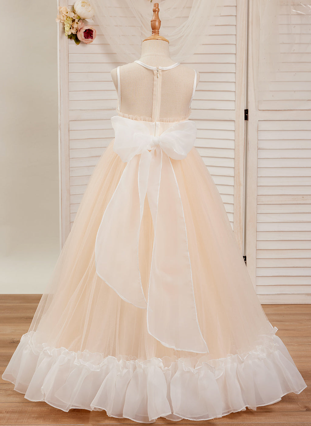 Vestido rosa de tul y organza con corte en A hasta el suelo (010226975)