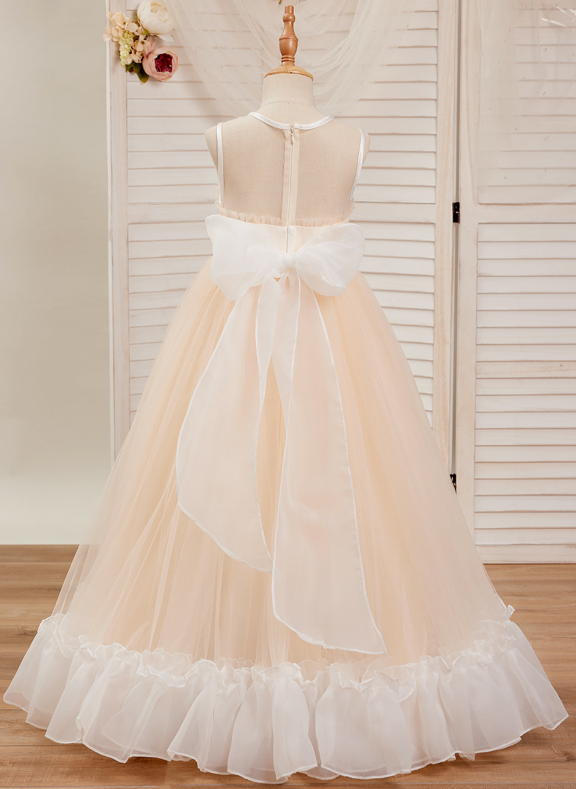 Vestido rosa de tul y organza con corte en A hasta el suelo (010226975)