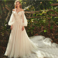 Light Champagne Wedding Dresses Pastrol Puff Long Sleeves 3D Flowers Bride Gowns A-Line Sexy Backless vestidos de novia-payinti