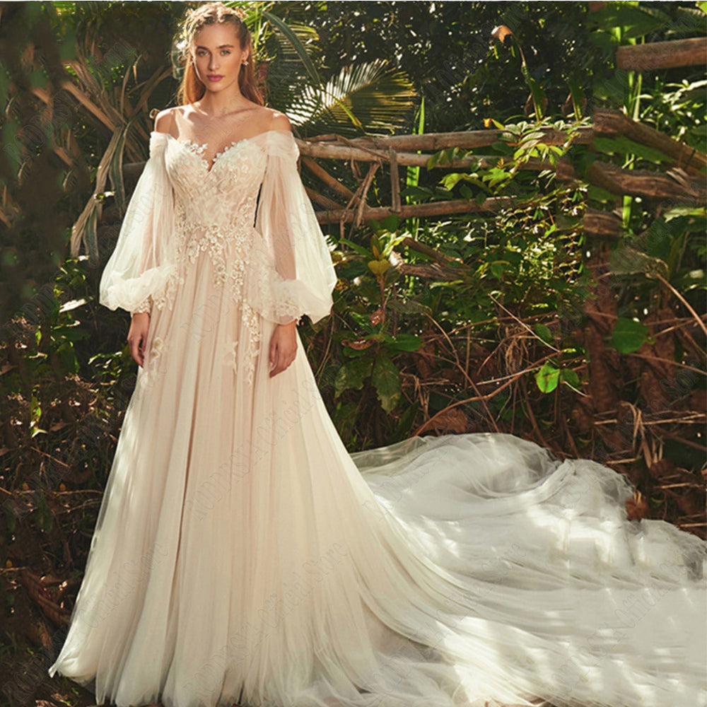 Light Champagne Wedding Dresses Pastrol Puff Long Sleeves 3D Flowers Bride Gowns A-Line Sexy Backless vestidos de novia-payinti