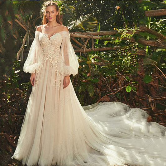 Light Champagne Wedding Dresses Pastrol Puff Long Sleeves 3D Flowers Bride Gowns A-Line Sexy Backless vestidos de novia-payinti