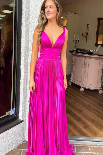 Luella | A-Linie V-Ausschnitt Fuchsia Plissee Langes Ballkleid