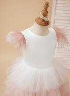 Vestido de princesa de tul rosa, largo hasta la rodilla, con mangas de plumas para niñas de las flores (010224240)