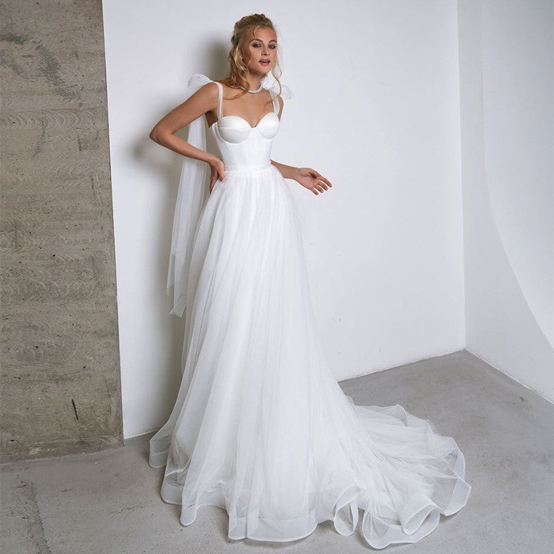 Simple White Tulle Wedding Dresses Boho Bow Spaghetti Straps A-Line Beach Wedding Party Gowns Abito Da Sposa 2021-payinti
