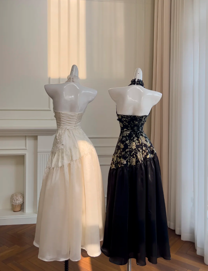 Elegante vestido de noche negro con cuello halter, estampado floral y lentejuelas, vestido de fiesta largo en línea A Y8568