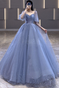 Vestido de fiesta largo de tul azul con cuentas y corte A, vestido de noche formal, vestido de gala Y7627