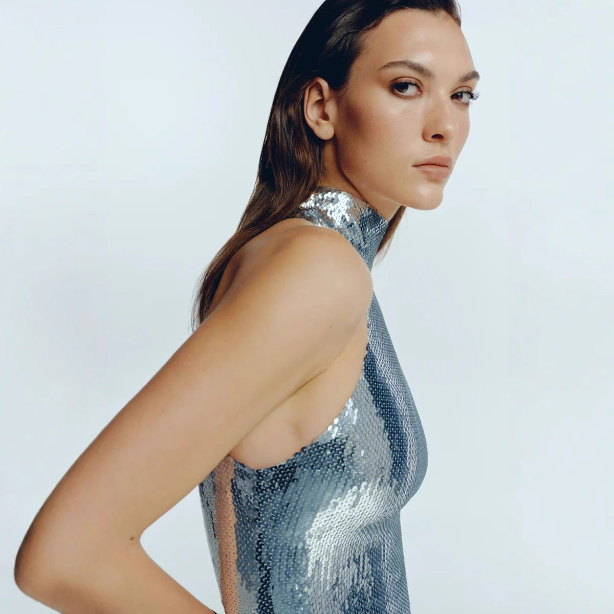 Long-Sleeve Sequin Slit Maxi Prom Dress