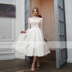 High Collar With Sleeve Luxury Applique Wedding Dress Short Tulle Custom Elegant Tea Length Bride Gown Button Vestidos-payinti