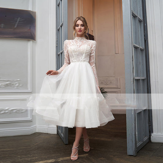 High Collar With Sleeve Luxury Applique Wedding Dress Short Tulle Custom Elegant Tea Length Bride Gown Button Vestidos-payinti