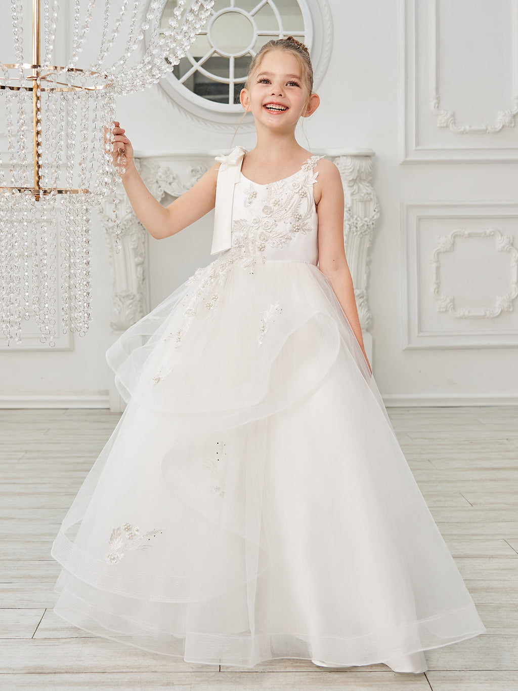 Ballkleid/Princess-Linie Tüll Bodenlang Erstkommunion Blumenmädchenkleid 