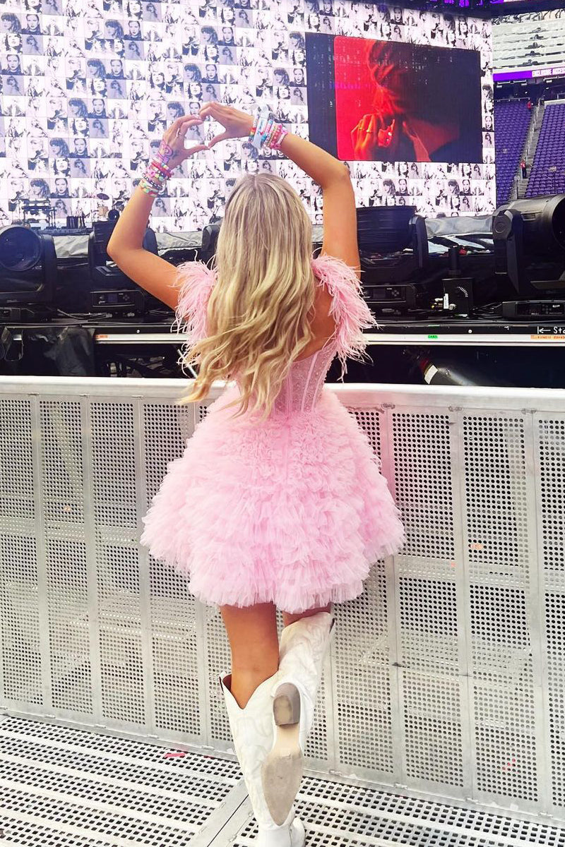 Olivia | Vestido de fiesta de corte A con hombros descubiertos y plumas