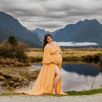 Elegantes vestidos de maternidad con hombros descubiertos, mangas largas y aberturas laterales para sesiones de fotos, accesorios de fotografía para baby shower SY211029 