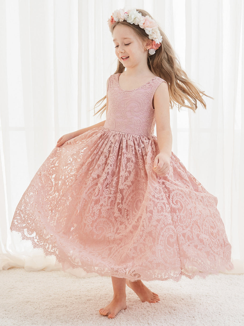 A-Linien-Spitze Knöchellanges Elfenbein Boho Blumenmädchenkleid 