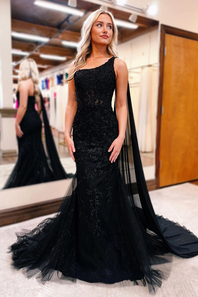 Vestidos de fiesta largos de sirena con apliques de un solo hombro en color negro