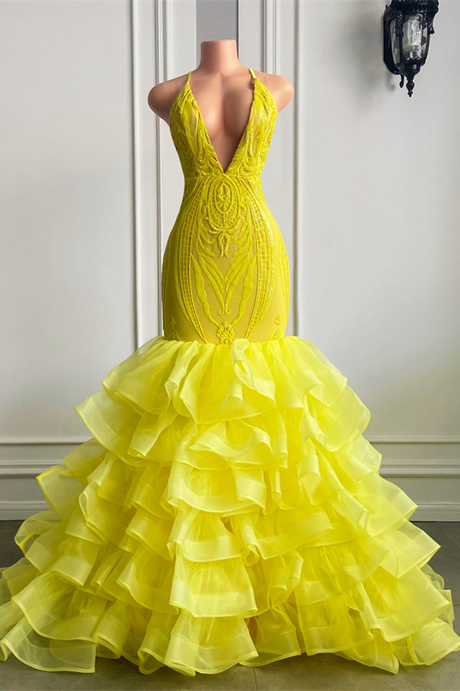 Vestido de fiesta amarillo largo de tul con escote en V, corte sirena, halter y volantes
