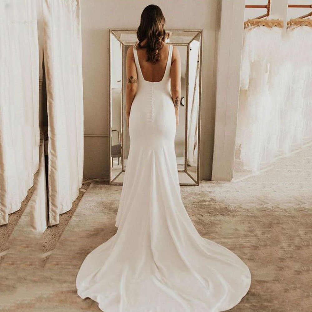 Spaghetti Strap Mermaid Wedding Dresses Women Square Neck Backless Simple Bridal Gowns Soft Stain Robe De Soirée Mariage-payinti