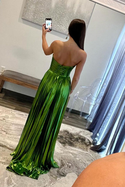 Oakley | Green Metallic Strapless Pleated A-Line Long Prom Dresses