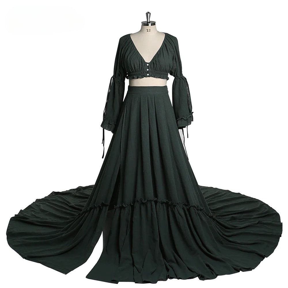 2 Pieces Gown V Neck Maternity Dresses for Photo Shoots Photography Dress Baby Shower Dress for Pregnant Woman SY211008