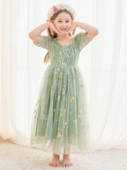 Salbeigrünes Blumenmädchenkleid aus Stoff mit U-Ausschnitt und Tüll (2003227581) 