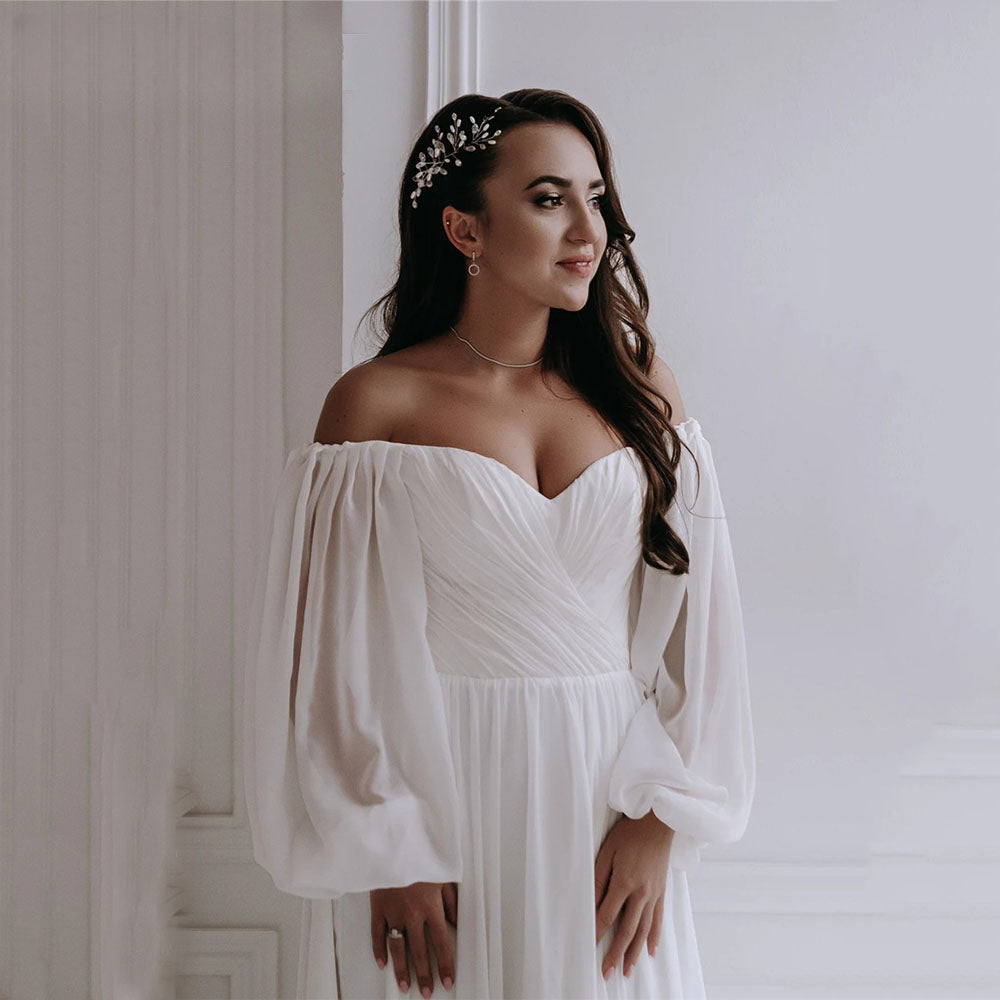 Off the Shoulder Chiffon Boho Wedding Dress 2022 V-Neck Long Lantern Sleeves A-Line Beach Bridal Gowns vestidos de novia-payinti
