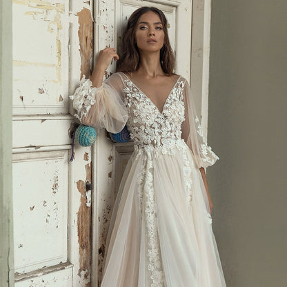 Elegant A-Line Wedding Dress Puff Sleeve Romantic Bridal Backless Beaded Appliques V-Neck Bride Dresses Vestido Noiva-payinti
