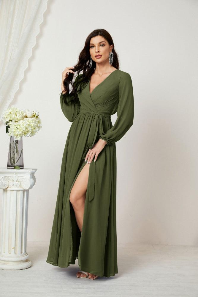 Vestidos de noche Sunnderly con escote en V profundo, gasa, para dama de honor, manga larga de obispo, abertura lateral, vestido formal SY2806 