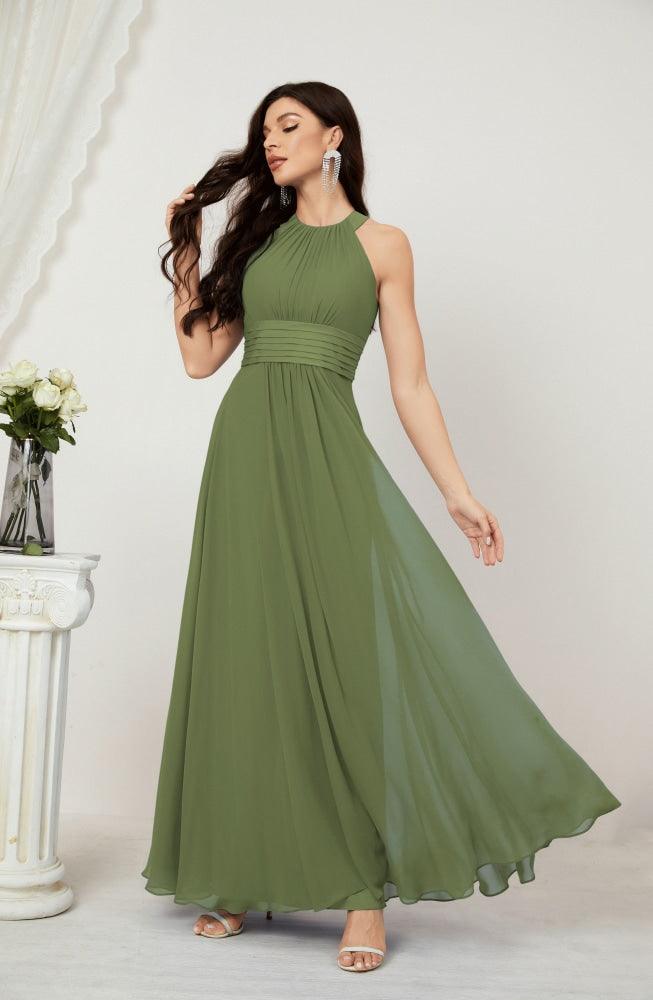 Vestido formal de fiesta Sunnderly de gasa con cuello halter, largo y sin mangas, para dama de honor SY2802 