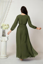 Vestidos de noche Sunnderly con escote en V profundo, gasa, para dama de honor, manga larga de obispo, abertura lateral, vestido formal SY2806 