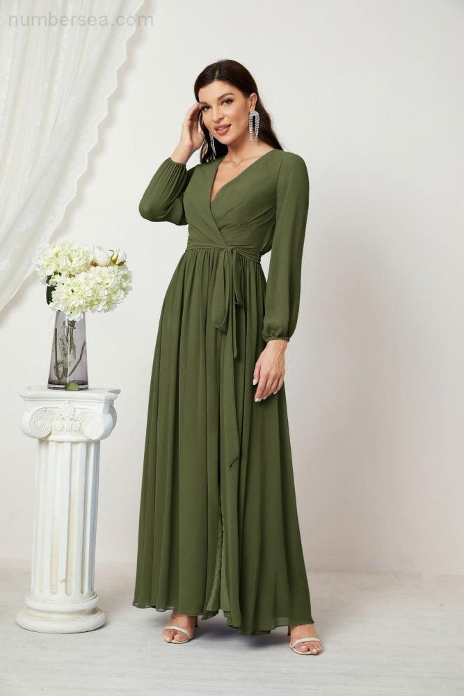 Vestidos de noche Sunnderly con escote en V profundo, gasa, para dama de honor, manga larga de obispo, abertura lateral, vestido formal SY2806 