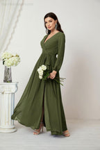 Vestidos de noche Sunnderly con escote en V profundo, gasa, para dama de honor, manga larga de obispo, abertura lateral, vestido formal SY2806 