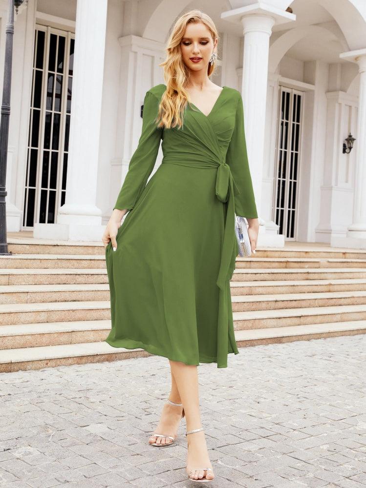 Vestido de dama de honor con escote en V y cinturón para madre de la novia, invitada de boda SY28031 