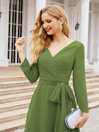 Vestido de dama de honor con escote en V y cinturón para madre de la novia, invitada de boda SY28031 