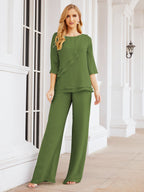 Elegante vestido de dos piezas para madre de la novia, talla grande, pantalón, capas con volantes, bata plateada SY28064 