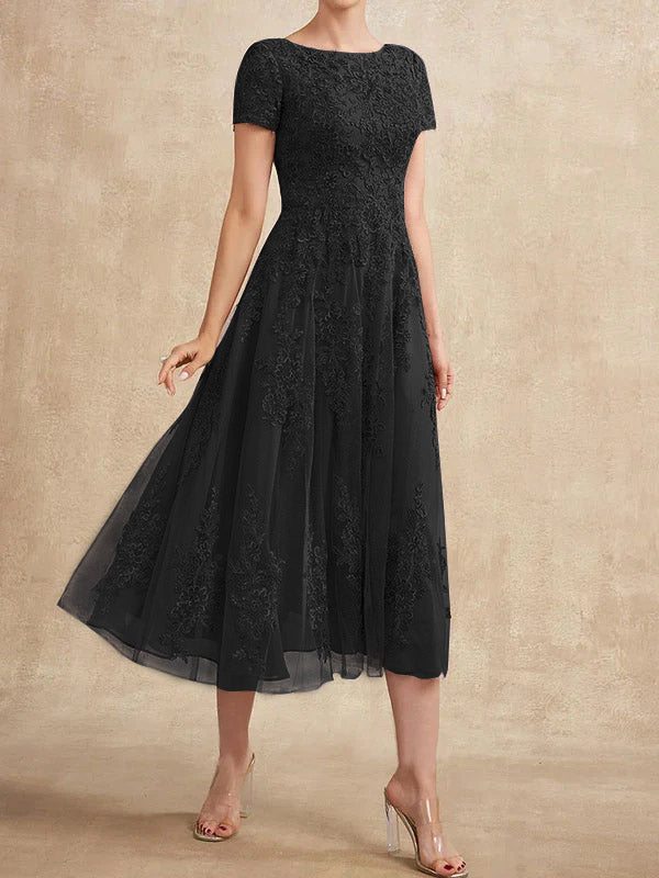 Vestido de madre de la novia de tul con encaje y corte en A, largo hasta la rodilla