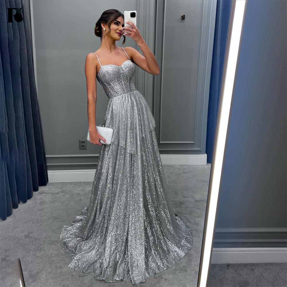 Spaghetti Strap Silver Prom Dress Party Dress Sequin Tiered Celebrity Gown Wedding Party Dress فستان سهرة вечерние платья-payinti