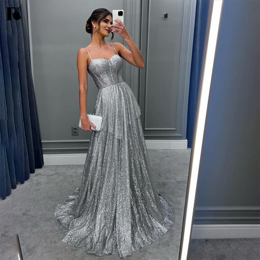 Spaghetti Strap Silver Prom Dress Party Dress Sequin Tiered Celebrity Gown Wedding Party Dress فستان سهرة вечерние платья-payinti