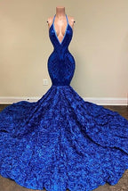 Vestido de fiesta de sirena con escote en V profundo, lentejuelas y flores