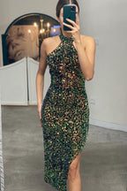 Elegante kurze Meerjungfrau Pailletten Neckholder Party Ballkleider mit Schlitz