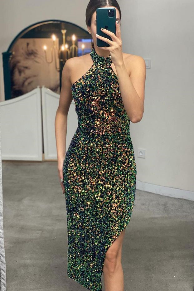 Elegante kurze Meerjungfrau Pailletten Neckholder Party Ballkleider mit Schlitz