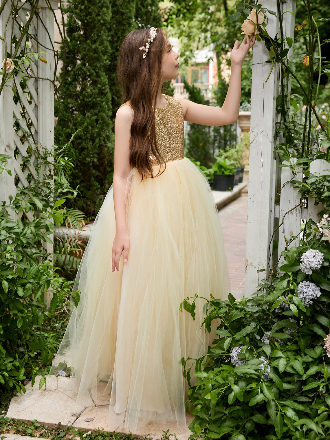 Vestido de fiesta/princesa de tul hasta el suelo color champán para niña de las flores