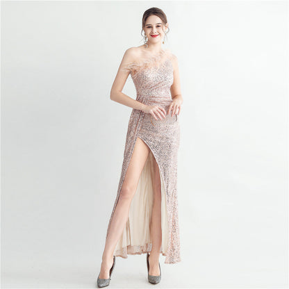 Hand Nailed Ostrich Feather Off Shoulder Sequined Evening Dress with Roman Collar
