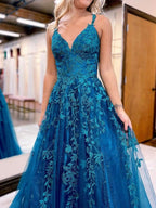 Floral Lace Glitter Tulle Prom Dress Long Ball Gown V Neck Formal Evening Dress Maxi Party Gown