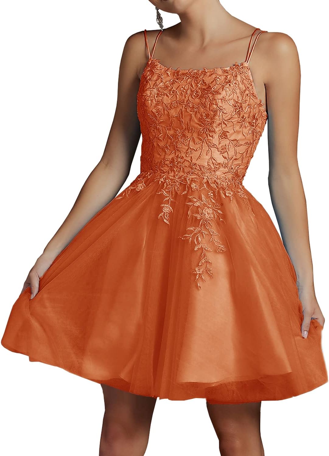 Modest Lace Beaded Tulle Homecoming Dresses Short Square Neck Prom Dress Spaghetti Straps Party Gown