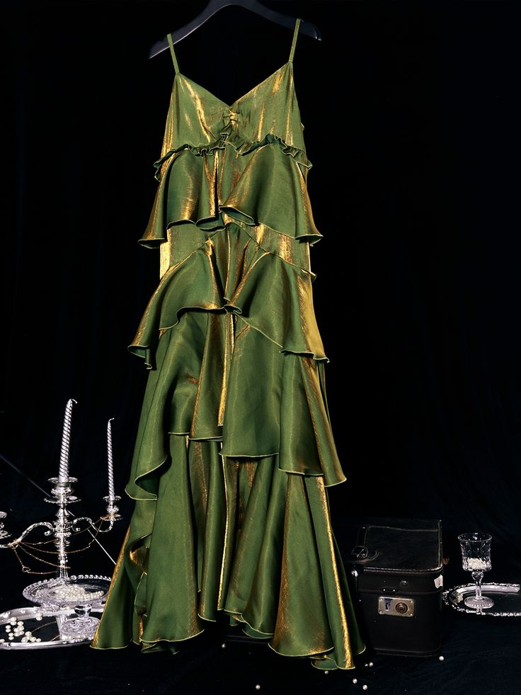 Vintage Grün Stufen Volant Langes Ballkleid Party Abendkleid Y7548