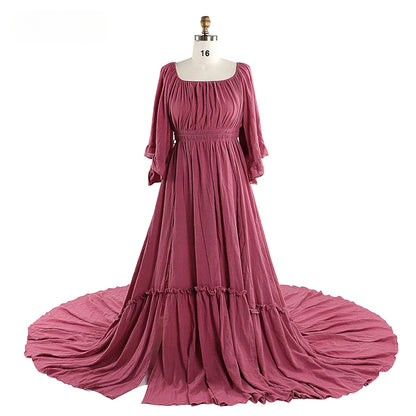 Elegant Off Shoulder Long Sleeves Side Slit Maternity Dresses for Photo Shoot Dresses for Baby Shower Photography Props SY211029